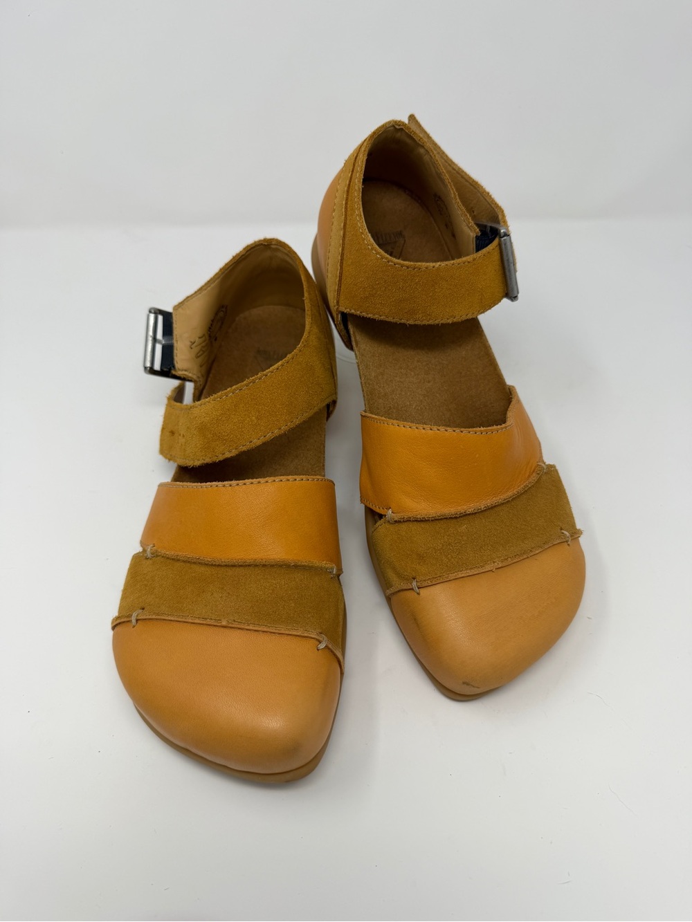 John Fluevog Women’s Adjustable Tan Leather & Suede Sarika Sandals
